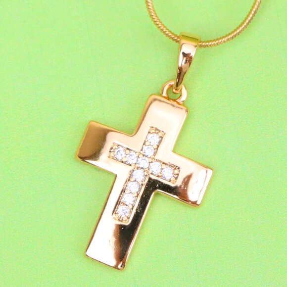 "Rose Gold Cross Pendant with Inset CZ Accents in Glossy Finish, XPPT1847 - Picture 1 of 13